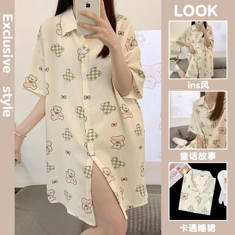 2023 new shirt collar summer women's pajamas cartoon sweet wind summer nightdress high value can be worn outside home clothes
