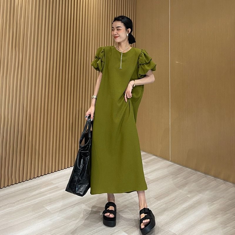 Fat mm large size sweet and spicy niche retro green dress women's summer dress foreign style Korean version long skirt 300 catties