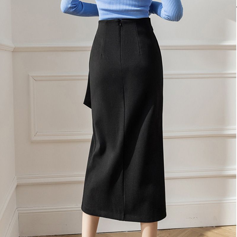 Mid-length side slit skirt, autumn light luxury, elegant, high waist, slim fit, lace-up slit suit skirt