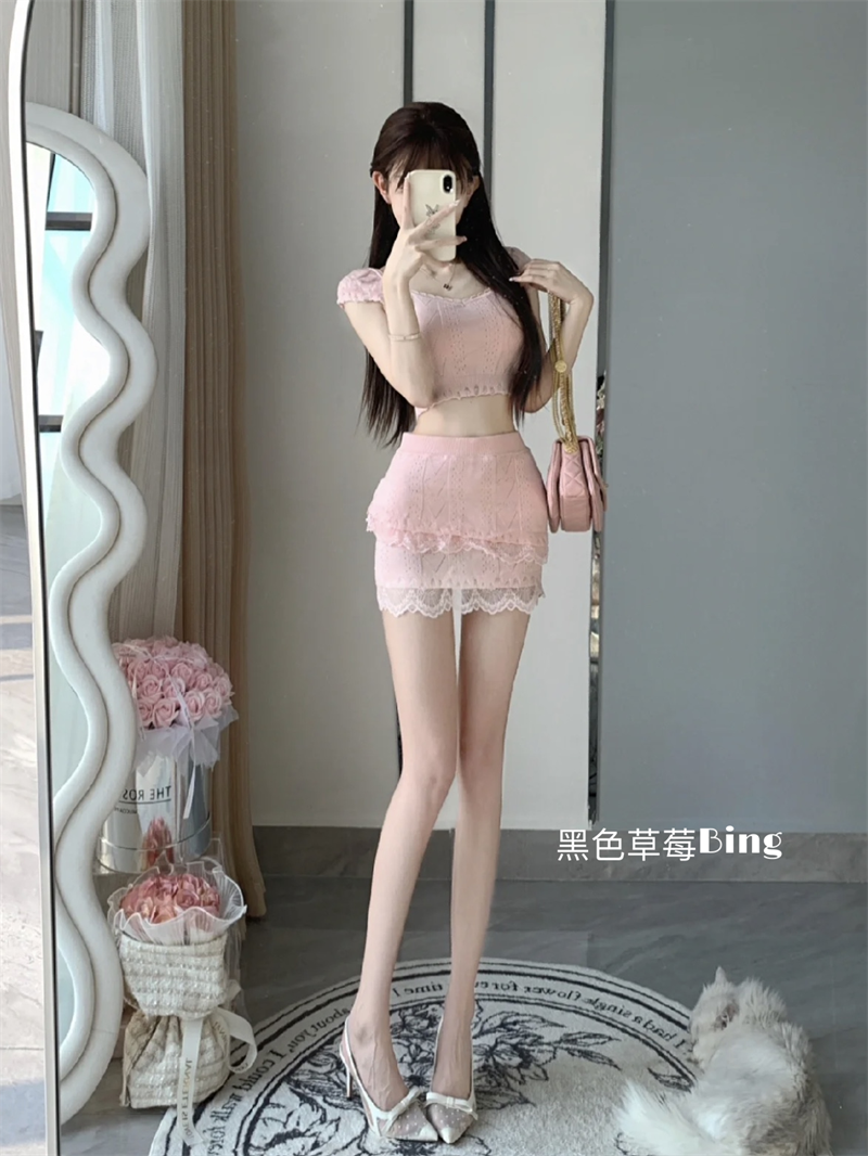 純欲甜美風蕾絲V領短款粉色上衣包臀半身裙辣妹小眾高級感兩件套
