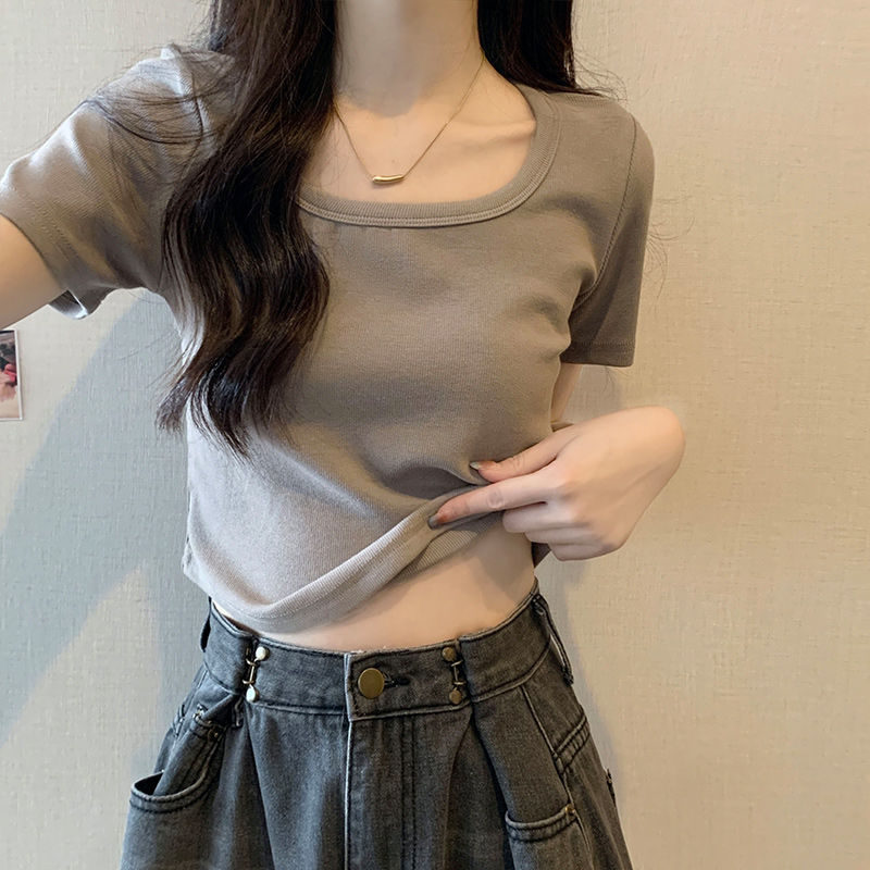 Solid color round neck short top hot girl ins style short-sleeved top pure desire t-shirt female slim bottoming shirt inner wear heart clear