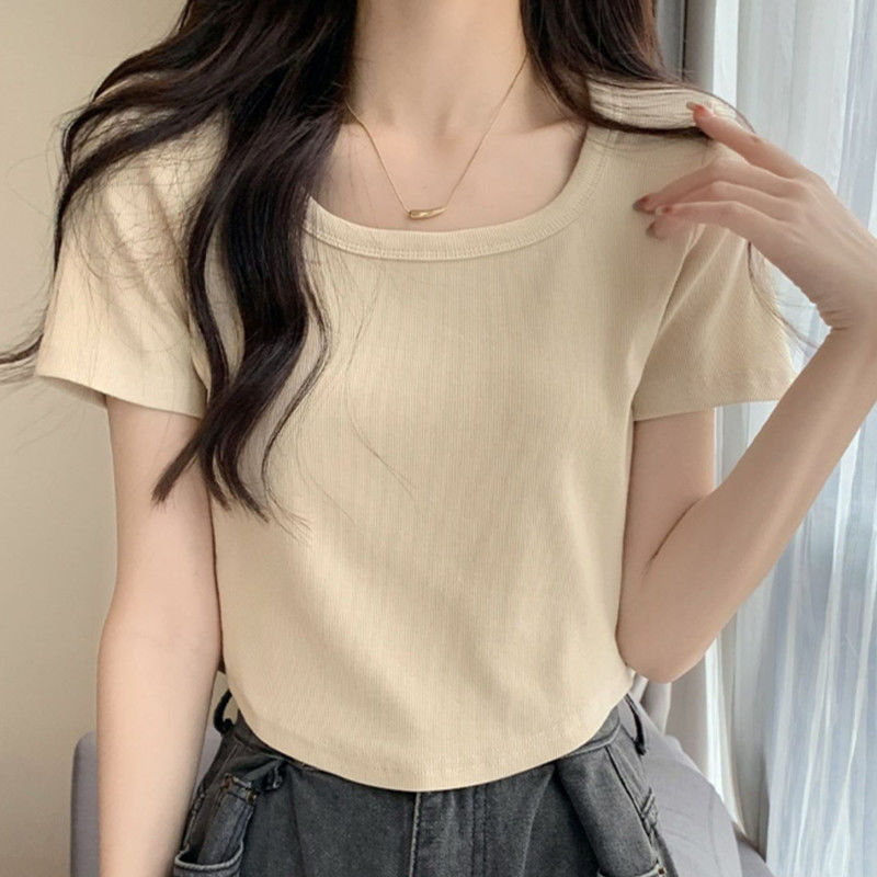 Curved hem French inner short thin section slim fit t-shirt female summer hot girl front shoulder short sleeve Korean version pure desire top i