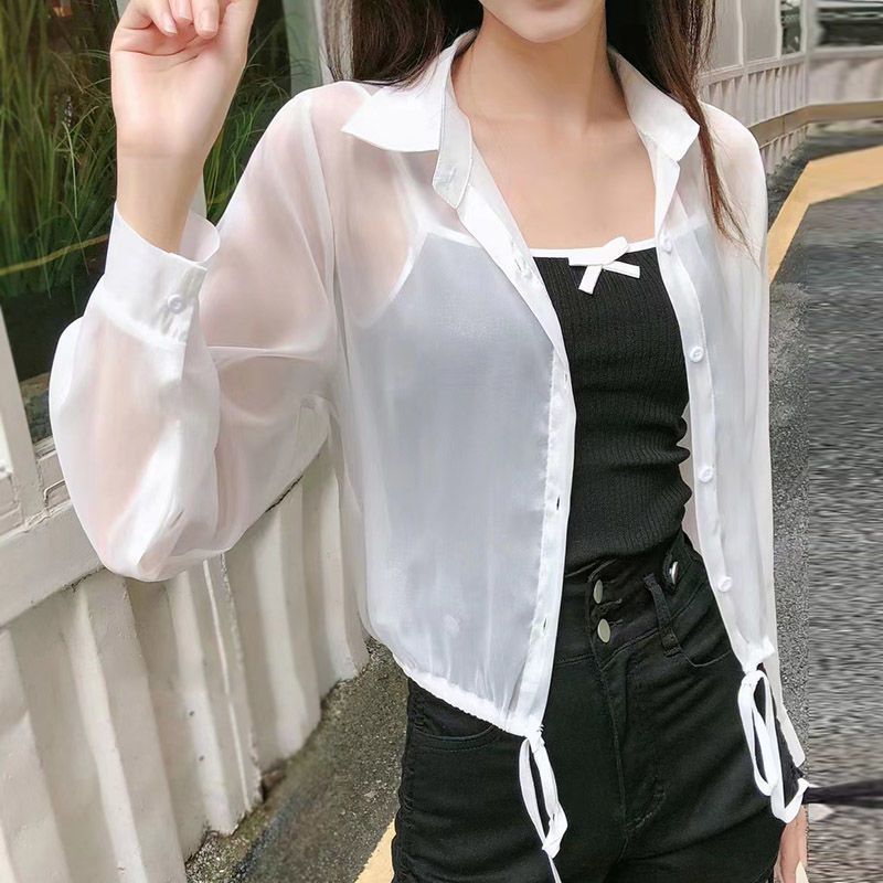 襯衫女夏新款韓版時尚顯瘦薄款開衫夏天外穿短款防曬襯衣下擺抽繩
