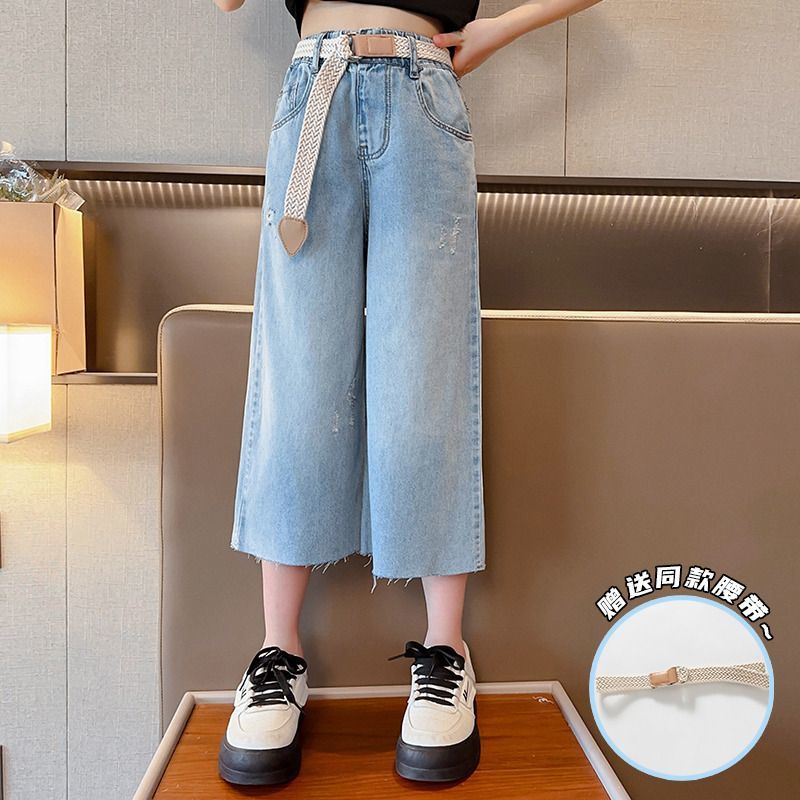 女童褲子破洞夏季2023新款兒童七分褲初中生寬鬆薄款牛仔褲10歲潮