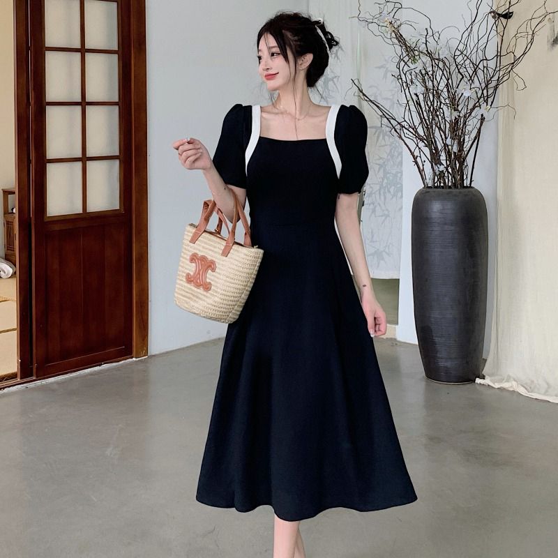 Plus-size summer French-style niche design high-end dress women's fat MM cover meat and look thin square collar black long skirt