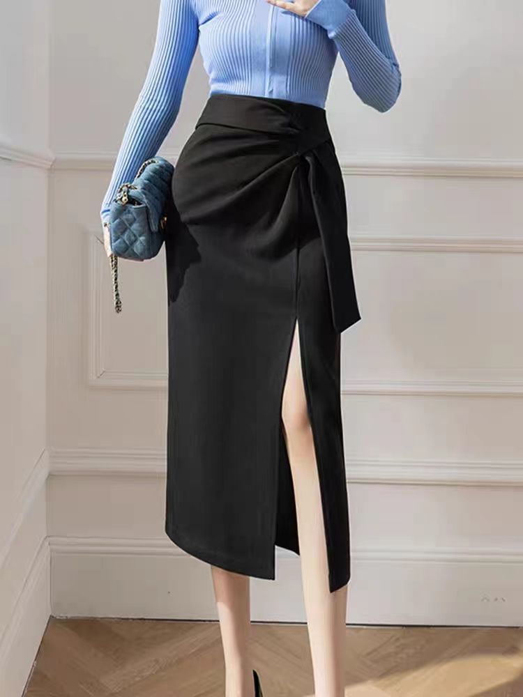 Mid-length side slit skirt, autumn light luxury, elegant, high waist, slim fit, lace-up slit suit skirt