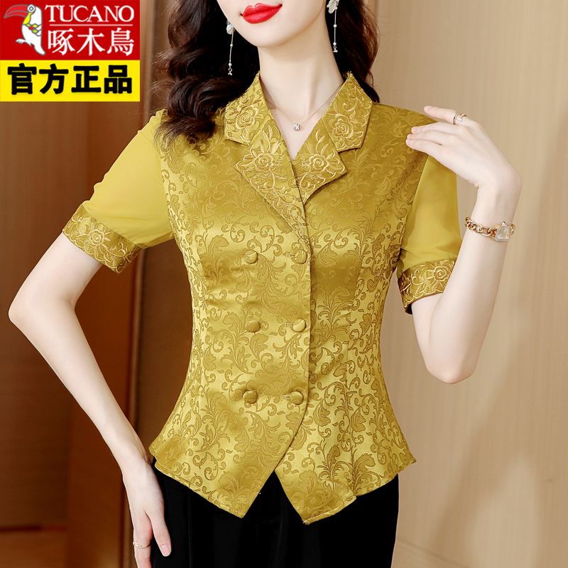 Woodpecker fashion design sense suit collar shirt satin embroidered shirt women's short-sleeved summer dress new slim top