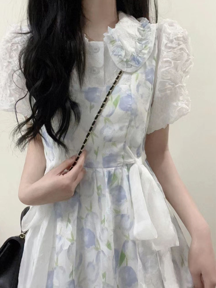 夏日學院風甜美收腰氣質減齡小眾設計感假兩件鬱金香連衣裙女學生