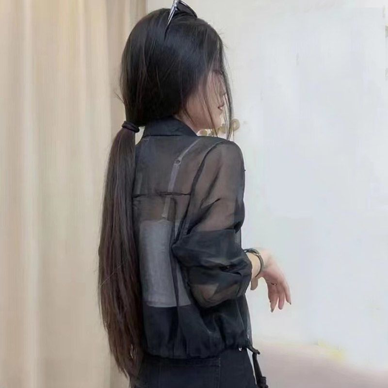 網紅心機上衣長袖炸街外套高級范自留透明襯衫女超薄外搭開衫短款