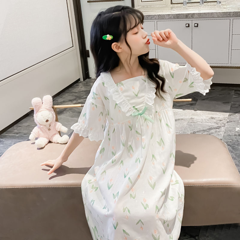 女童睡裙夏季純棉兒童睡衣公主寶寶小女孩可愛短袖親子母女家居服