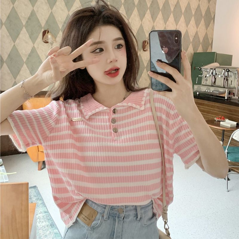 Large size fat mm striped short-sleeved T-shirt women's summer sweet loose lapel polo shirt small bottoming top ins