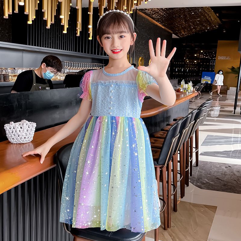 女童彩虹連衣裙夏裝2023新款兒童六一表演禮服中大童洋氣公主紗裙