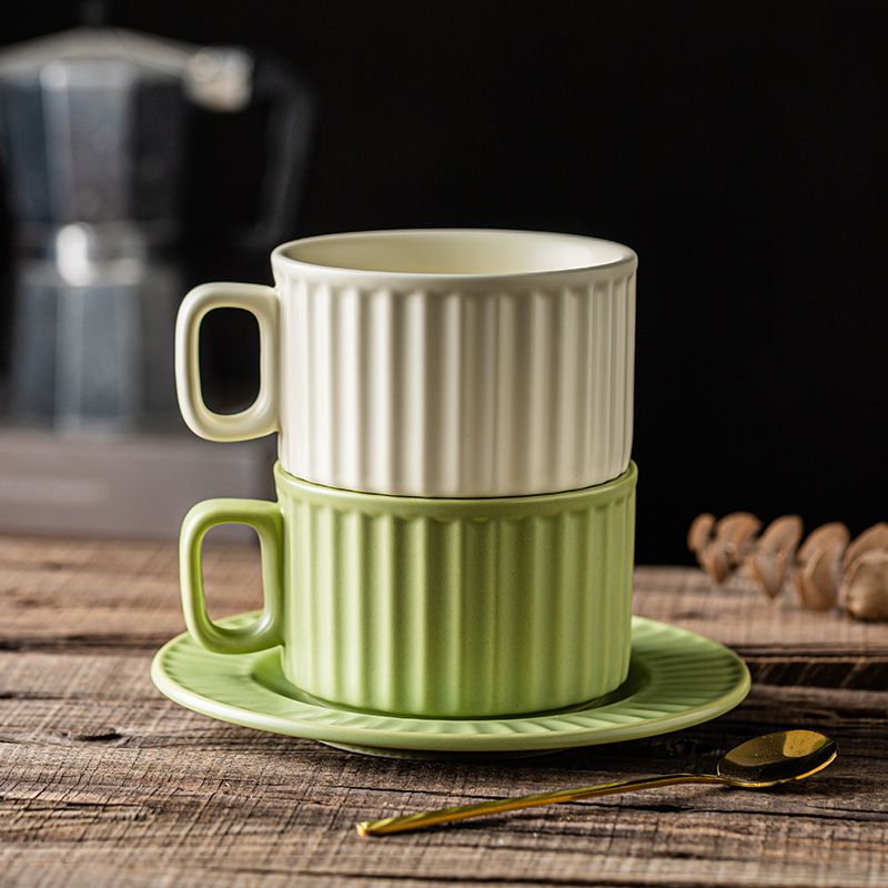竖纹陶瓷咖啡杯子ins高颜值家用下午茶杯碟早餐牛奶燕麦红茶水杯