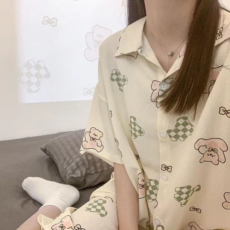 2023 new shirt collar summer women's pajamas cartoon sweet wind summer nightdress high value can be worn outside home clothes