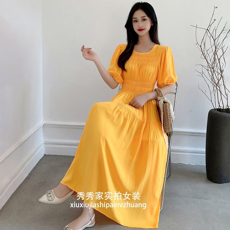 100% Cotton Silk Dress Summer Fashion Temperament Large Size Loose Slim Covering Meat Short Sleeve Solid Color Cotton Beach Dress