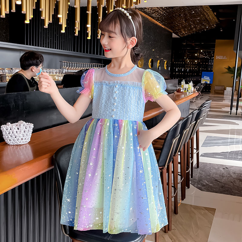 女童彩虹连衣裙夏装2023新款儿童六一表演礼服中大童洋气公主纱裙