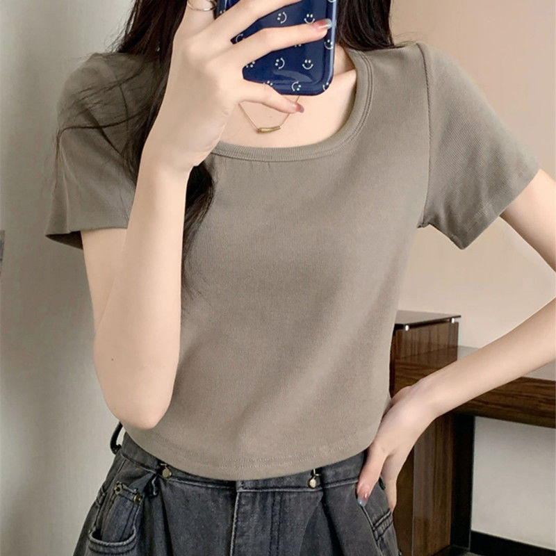 Curved hem French thin section short apricot color slim t-shirt female summer hot girl front shoulder short sleeve bottoming sweet spicy top