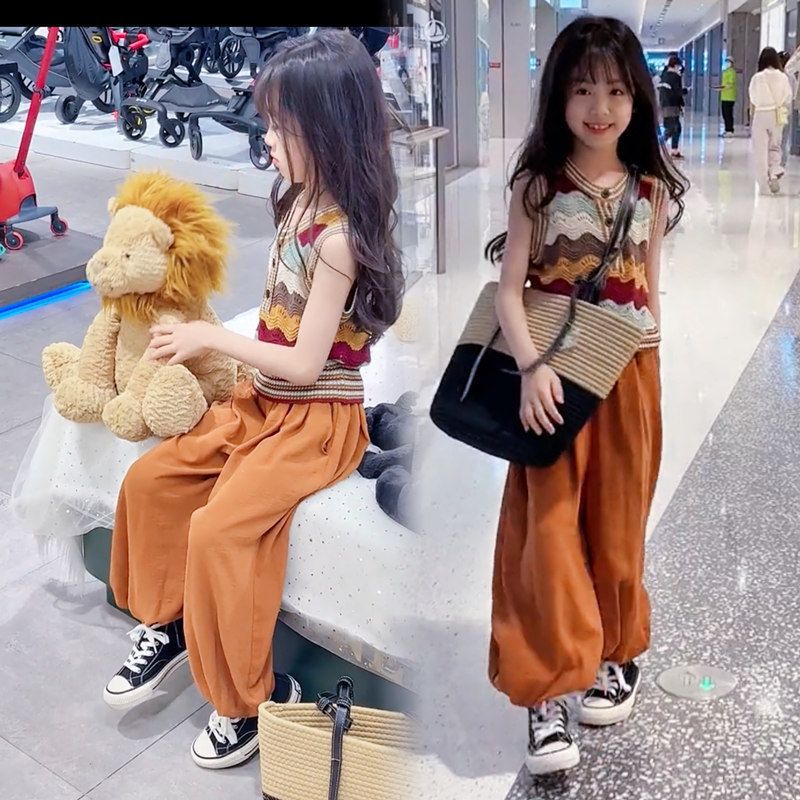 女童夏裝韓版時尚撞色鏤空條紋背心中大童夏季寬鬆冰絲防蚊褲套裝