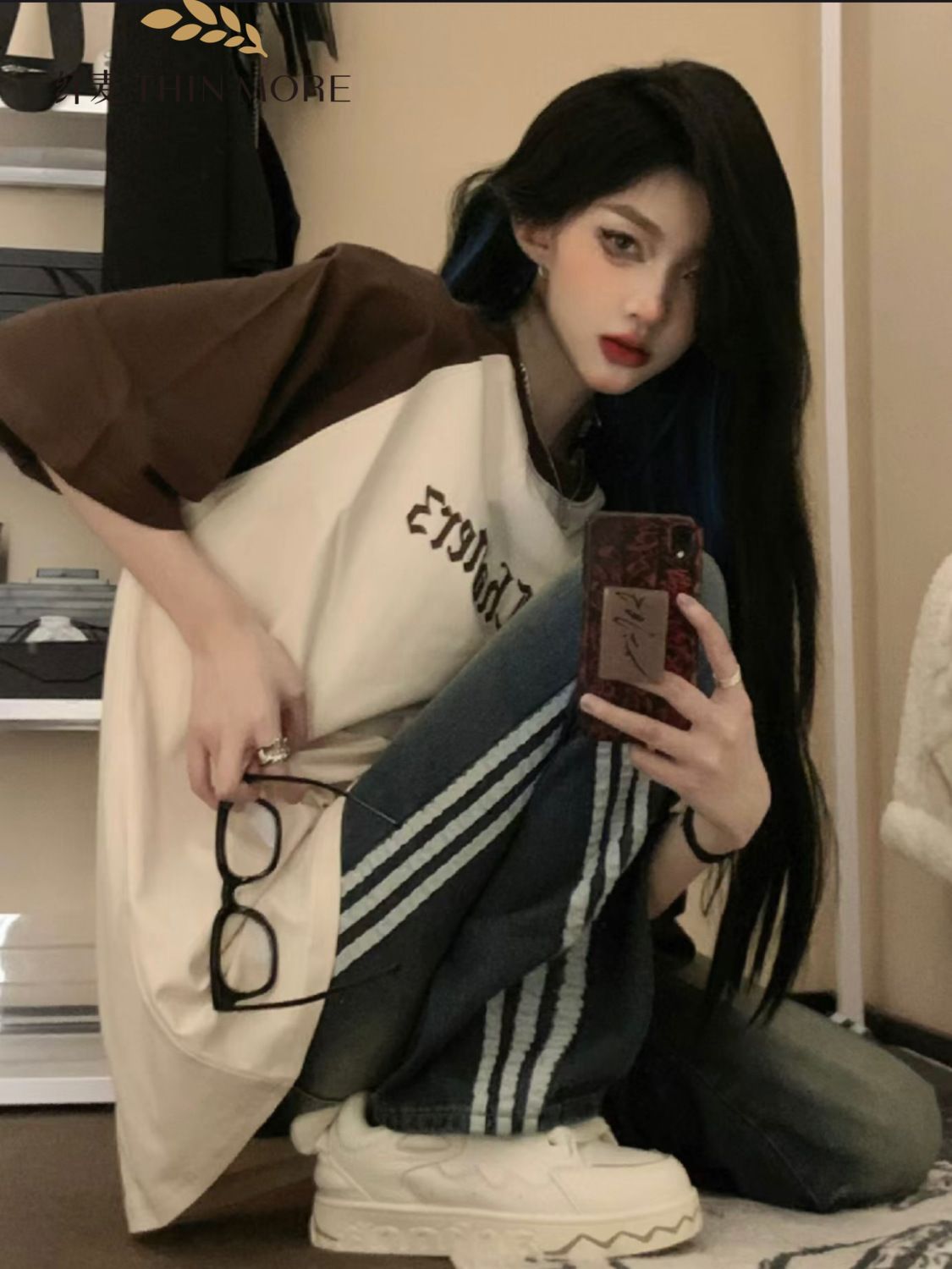 美式復古國潮高街插肩拼色純棉短袖t恤女寬鬆夏港味chic半袖上衣