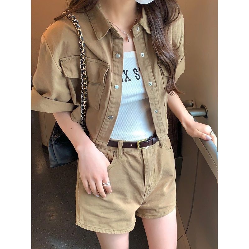 Loose half-sleeved short coat top women's clothing summer  new slimming wide-legged high-waisted shorts two-piece set