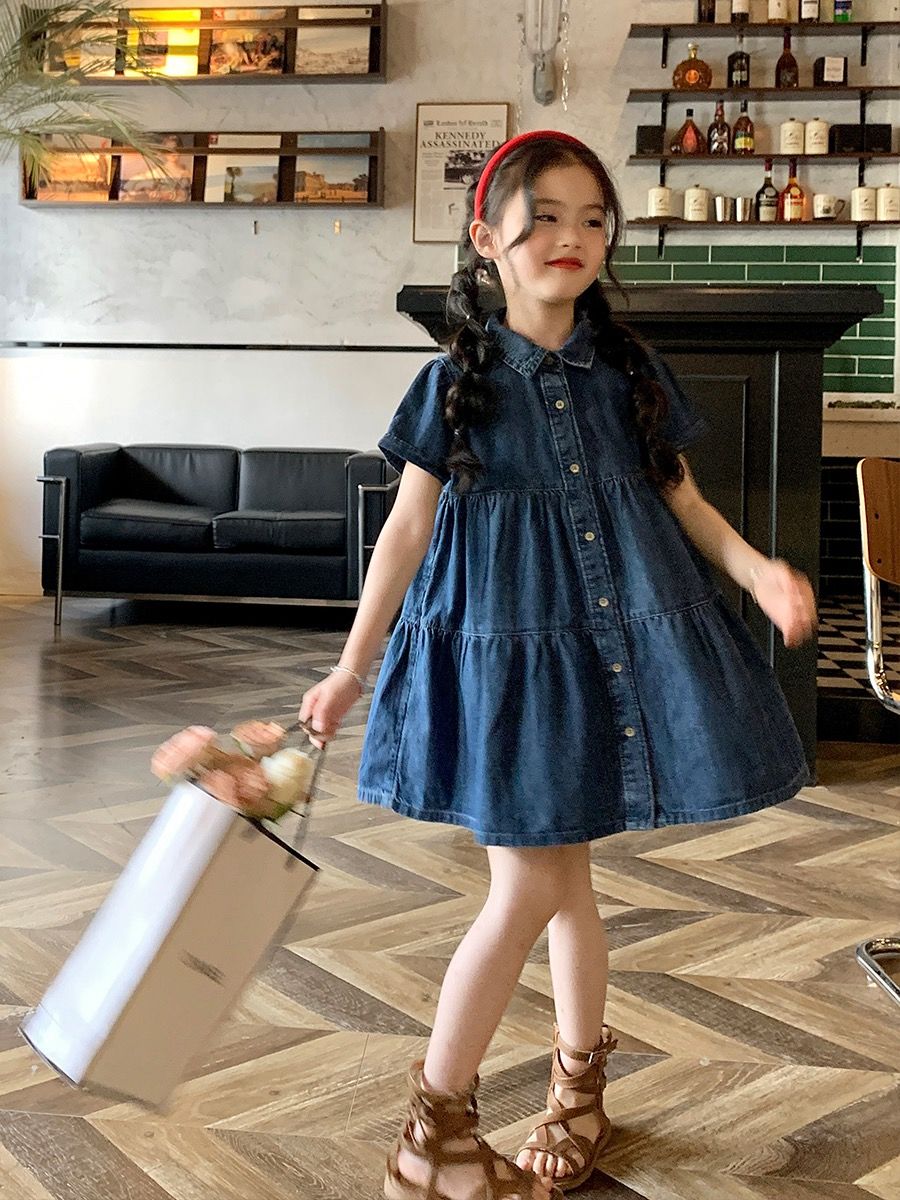 女童夏裝連衣裙2023新款牛仔裙中大童韓版洋氣時尚純色拼接A字裙