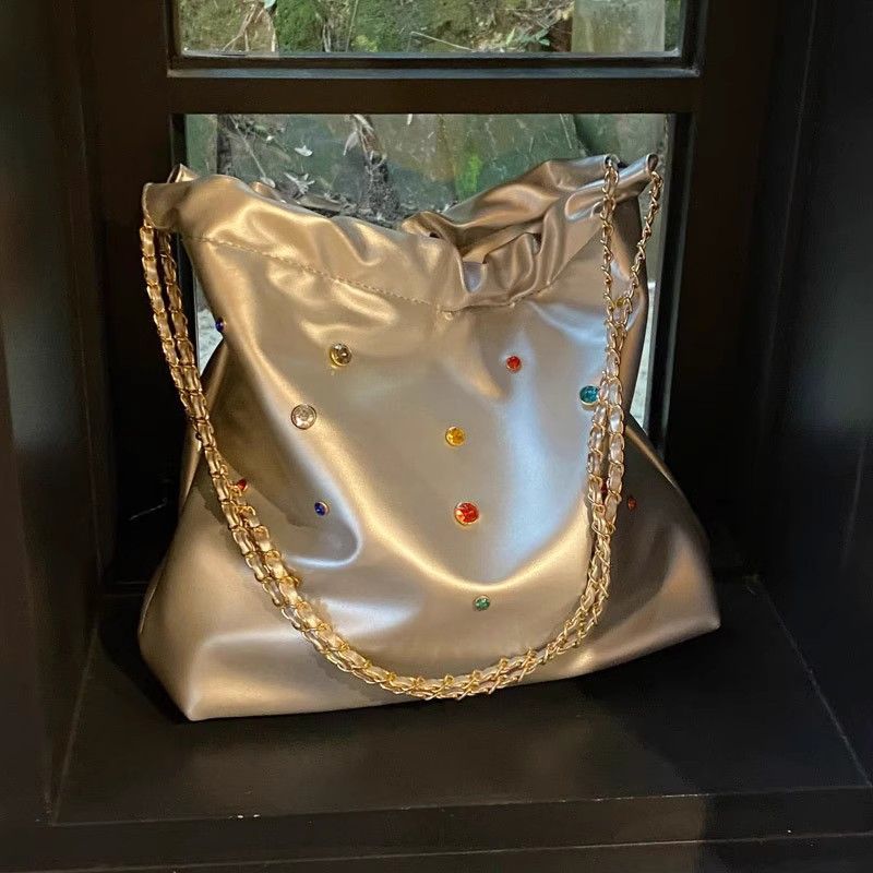 Bag women  new silver texture drawstring chain bucket bag versatile commuting large capacity tote...