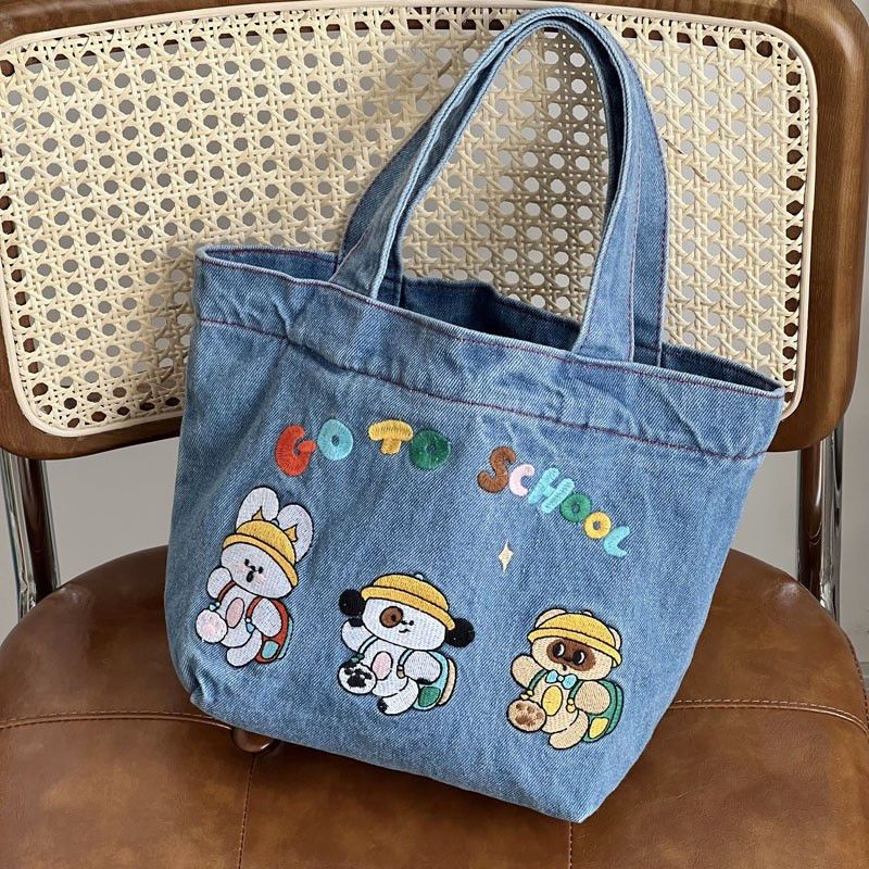 Japanese Cartoon Embroidered Washed Denim Student Cute Handbag Bucket Lunch Box Bag Hand Carry Out Versatile