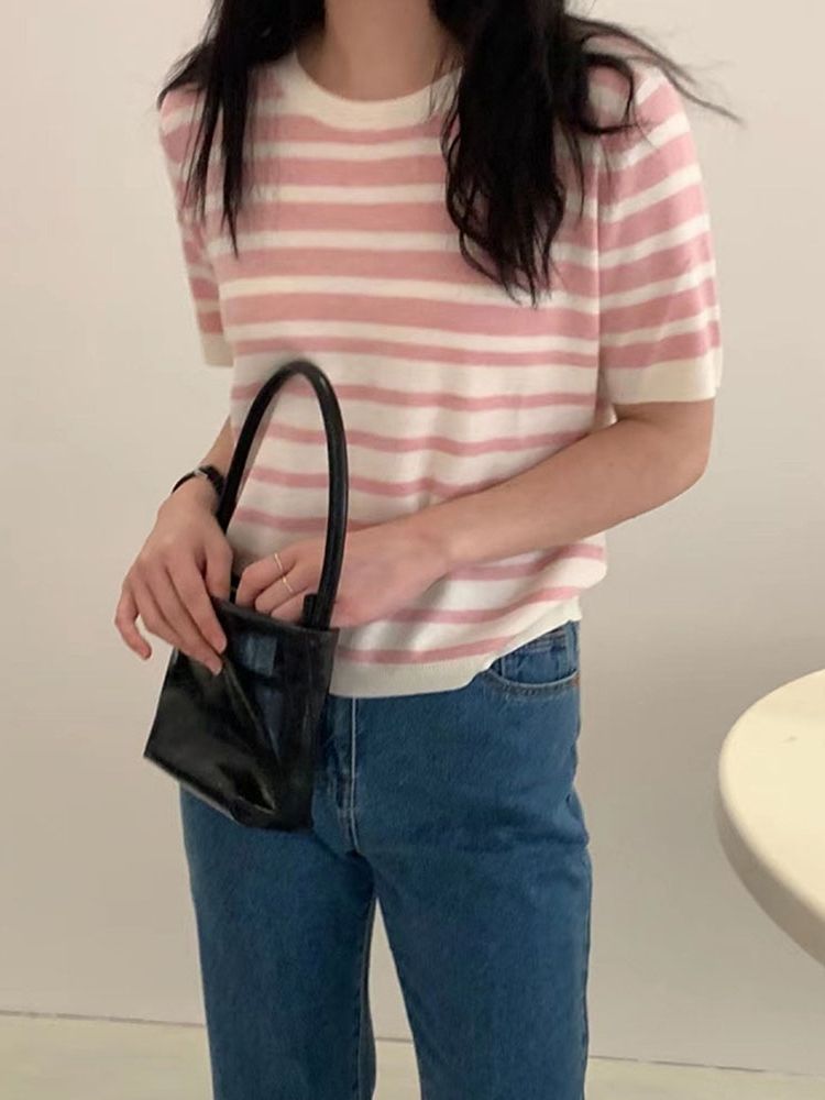 Round neck color contrast striped sweater women's summer thin section loose outerwear retro simple all-match short-sleeved T-shirt top