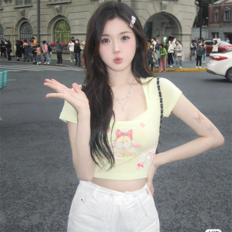 Pure cotton American retro slim cartoon printing short short-sleeved T-shirt female summer student niche design top tide