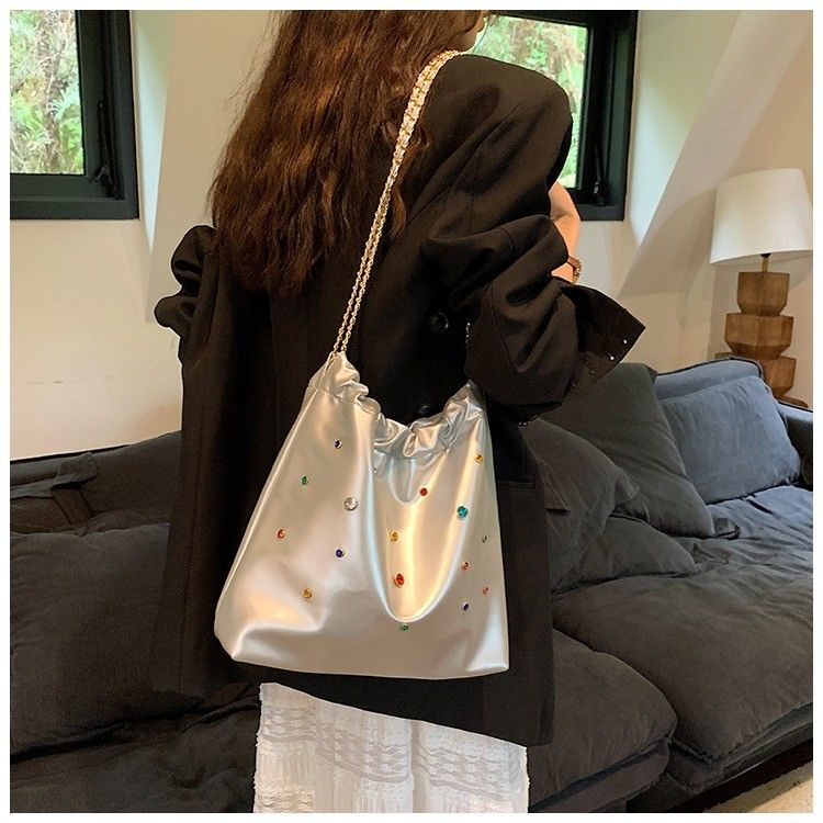 Bag women  new silver texture drawstring chain bucket bag versatile commuting large capacity tote...