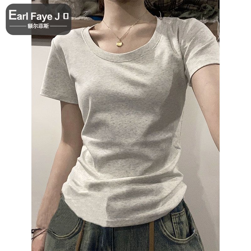 [Positive shoulder pure cotton] American short-sleeved t-shirt women's summer sweet and spicy self-cultivation slim chic niche bottoming shirt top