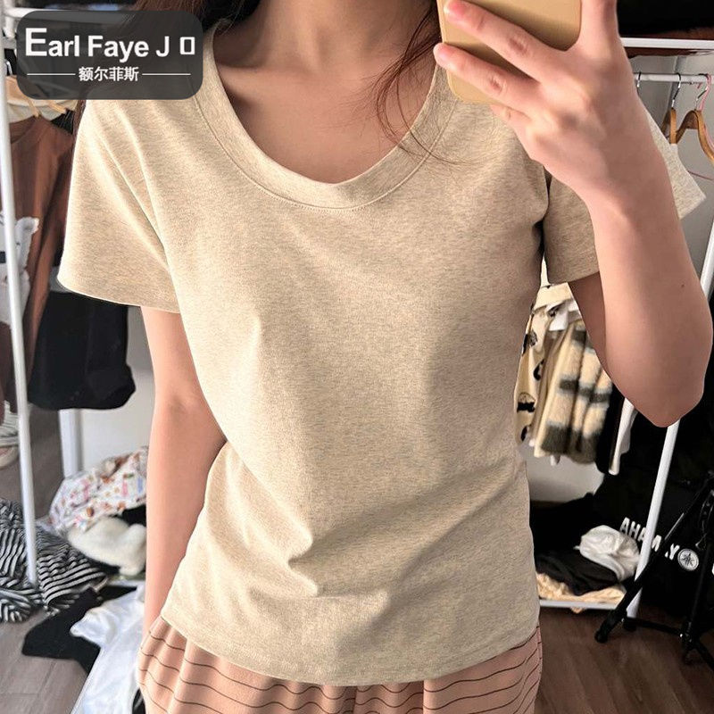 [Positive shoulder pure cotton] short-sleeved U-shaped round neck t-shirt women's summer slim fit and high-level sense of casual all-match top trend