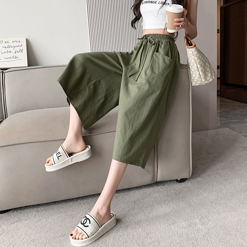 Summer new Korean style women's loose cropped trousers high waist wide legs slimming fashionable lady casual trousers