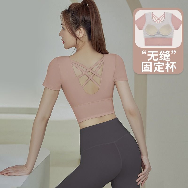 瑜伽服套裝女運動上衣短袖T恤速干健身服外穿跑步緊身一體健身衣