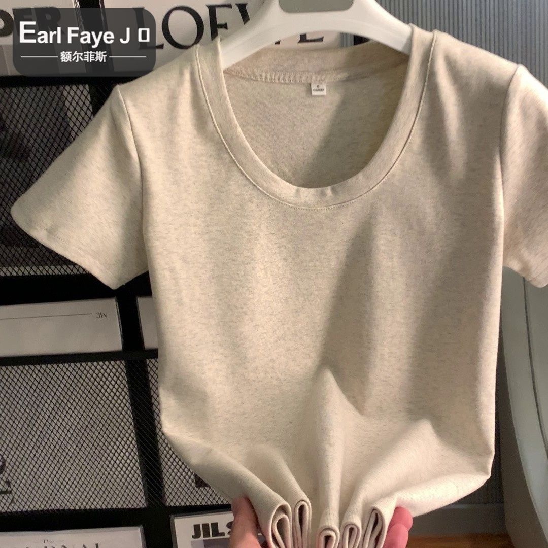 [Positive shoulder pure cotton] short-sleeved u-neck t-shirt women's summer 2023 new slim low round neck pure lust hot girl top