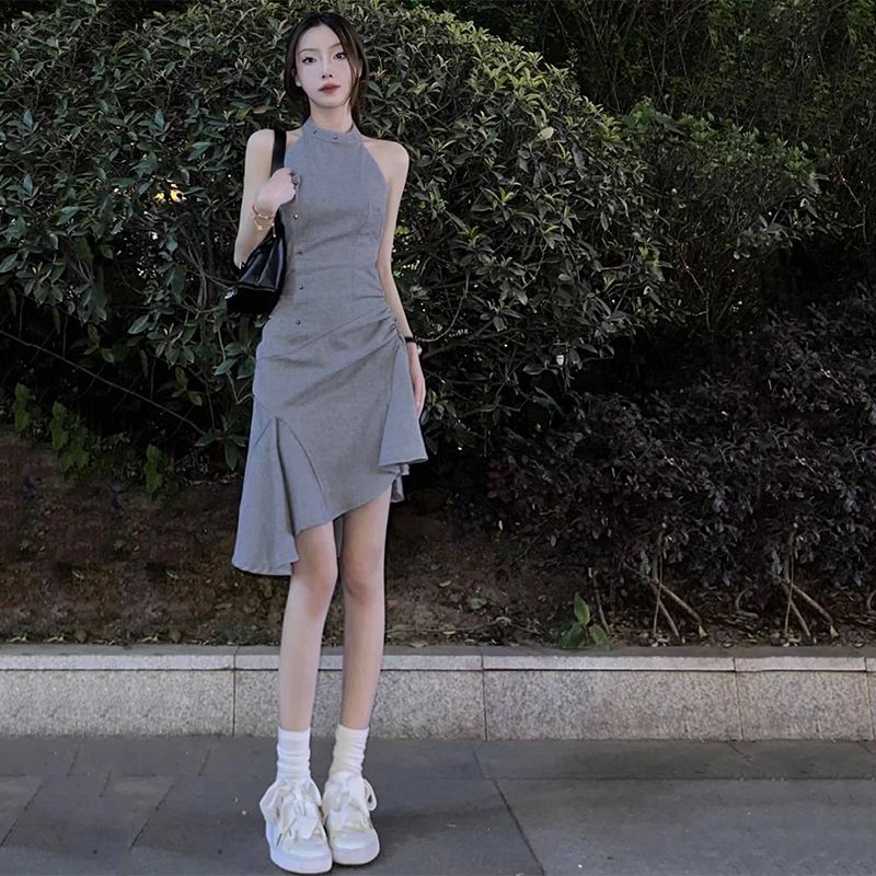 韓版小眾設計感不規則無袖灰色連衣裙女學生夏季收腰氣質減齡裙子