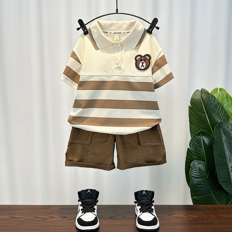 男宝宝夏季短袖套装洋气薄款条纹2023新款儿童衣服帅气时髦两件套