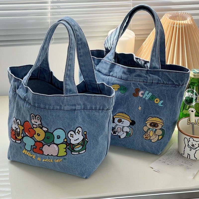 Japanese Cartoon Embroidered Washed Denim Student Cute Handbag Bucket Lunch Box Bag Hand Carry Out Versatile