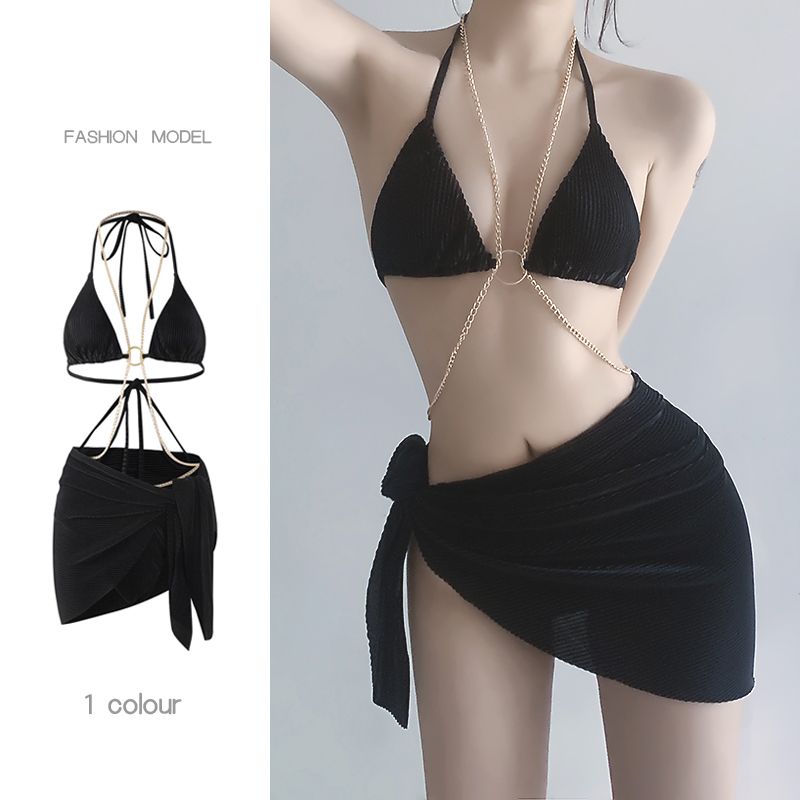 Black Chain Super Hot Girl Bikini Three Piece Set  New Sexy Split Swimsuit Female Adult Beach Swimwear