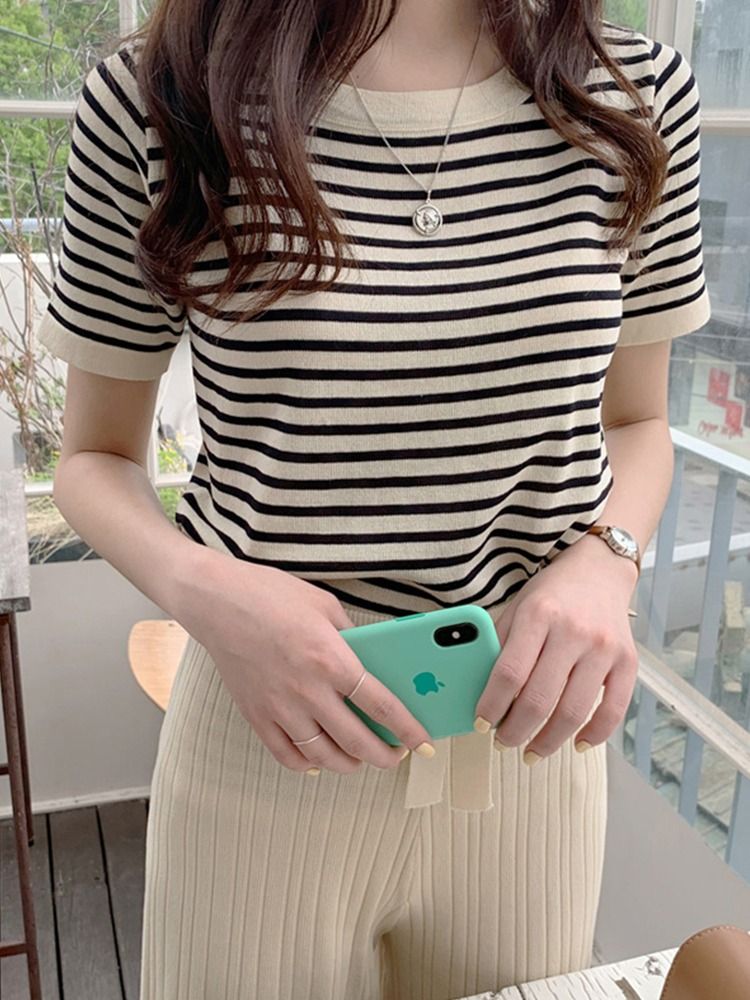 Short-sleeved t-shirt women's striped ice silk sweater thin section 2023 summer new slim fit and thin bottoming shirt top