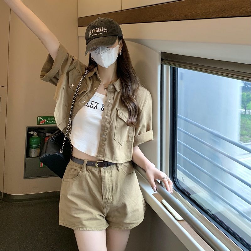 Loose half-sleeved short coat top women's clothing summer  new slimming wide-legged high-waisted shorts two-piece set