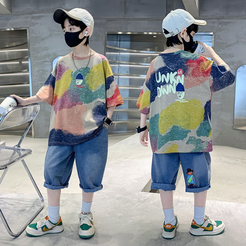 網紅兒童裝男童夏裝套裝2023新款男孩夏季短袖衣服潮帥氣時髦夏款