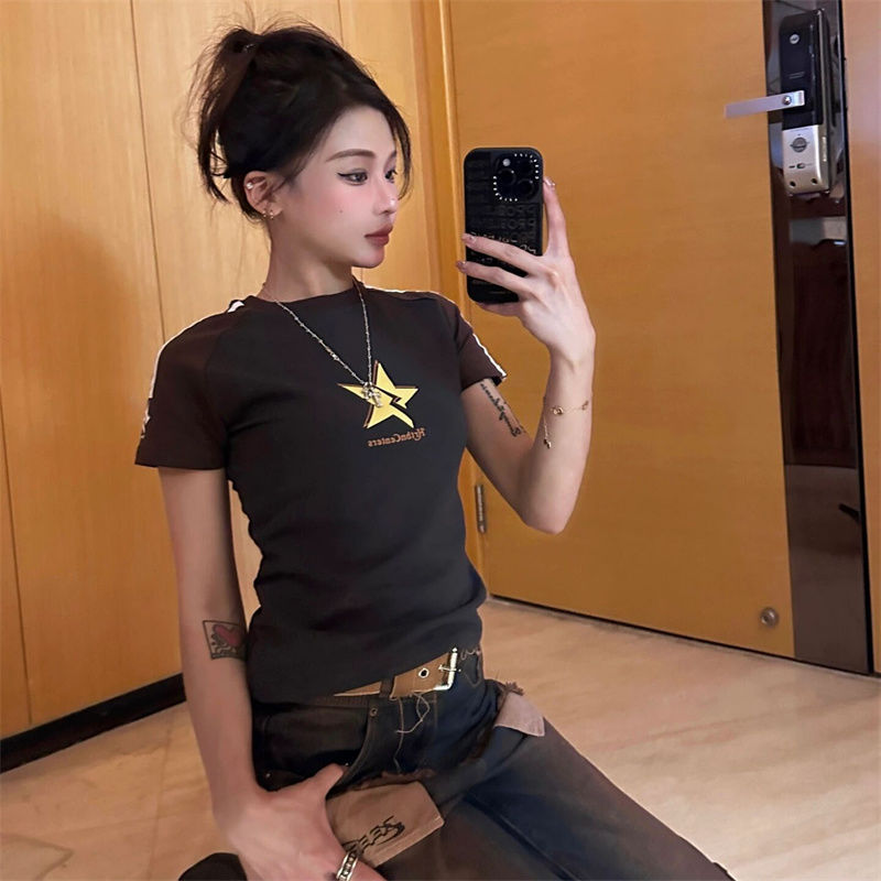 100% cotton raglan sleeve stitching star print short-sleeved T-shirt women's summer regular version student trendy brand INS top