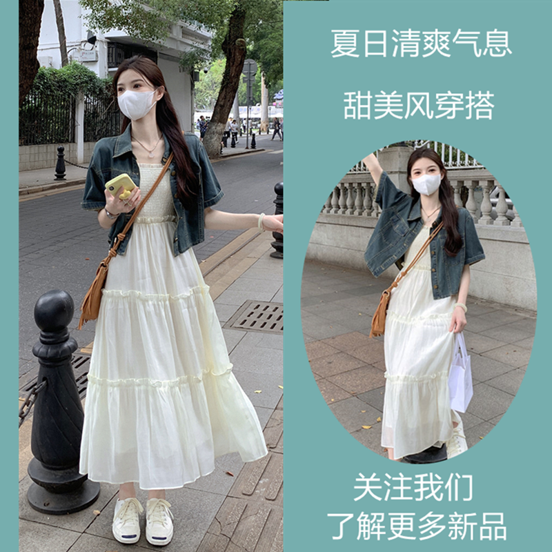 復古簡約牛仔短袖襯衫女裝套裝chic外套夏季收腰顯瘦吊帶裙兩件套