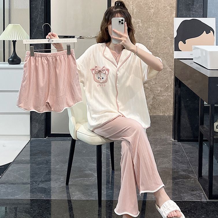 Three-piece suit pajamas women's summer cotton short-sleeved sweet cute cartoon 2023 new spring and autumn home service