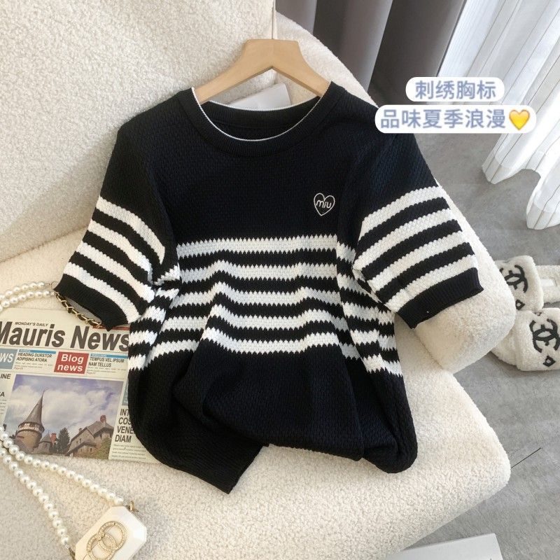 Black and white striped ice silk short-sleeved sweater women's round neck fashion casual all-match loose temperament half-sleeved T-shirt top