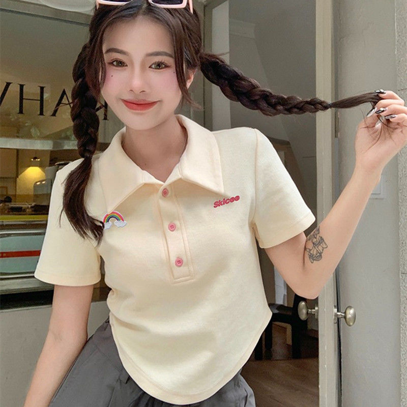 V-neck short-sleeved American-style front-shoulder t-shirt female students 2023 summer new design sense thin sweet and spicy short top tide