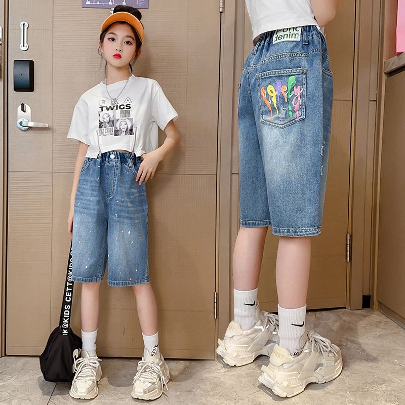 Girls' summer pants 2023 new children's five-point pants summer thin section denim shorts middle and big children's wide-leg pants