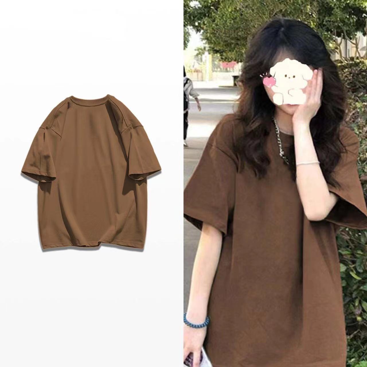 100%純棉新款國潮街頭棕色短袖t恤男女ins美式學院風寬鬆上衣服夏