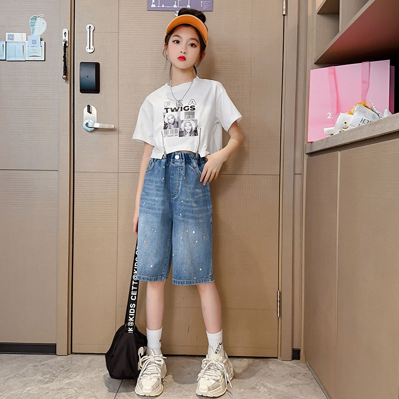 Girls' summer pants 2023 new children's five-point pants summer thin section denim shorts middle and big children's wide-leg pants